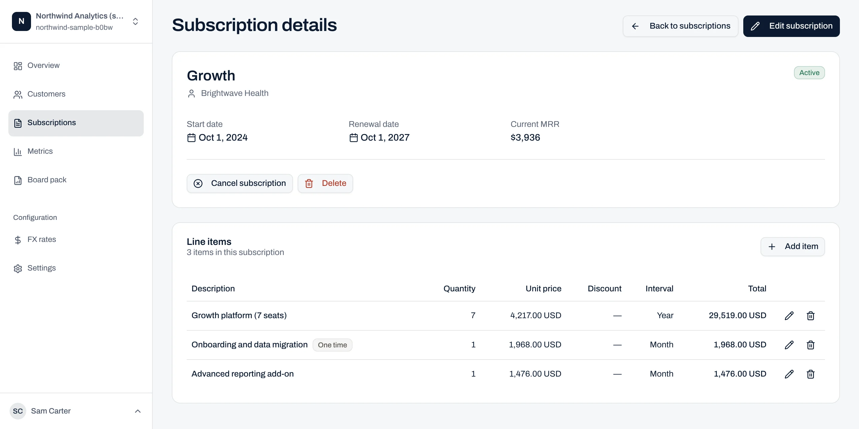 A contract for Brightwave Health with three line items: an annual platform licence, a one-time onboarding fee and a monthly reporting add-on.